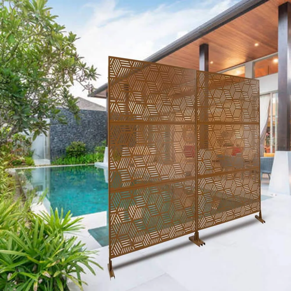 Tidoin 6.3 ft. x 4 ft. Brown Steel Freestanding Flat Flat Top Decorative Privacy Screen Metal Fence Panel, photo 3 of 6