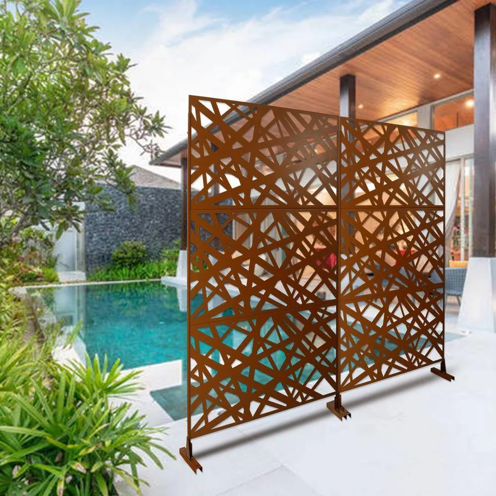 Tidoin 6.3 ft. x 4 ft. Brown Steel Freestanding Flat Flat Top Decorative Privacy Screen Metal Fence Panel, photo 4 of 6