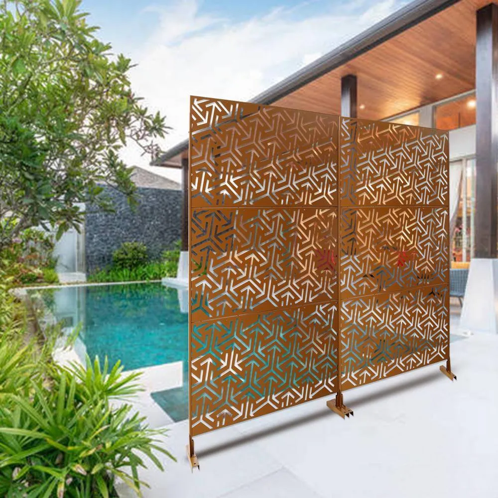 Tidoin 6.3 ft. x 4 ft. Brown Steel Freestanding Flat Flat Top Decorative Privacy Screen Metal Fence Panel, photo 4 of 6