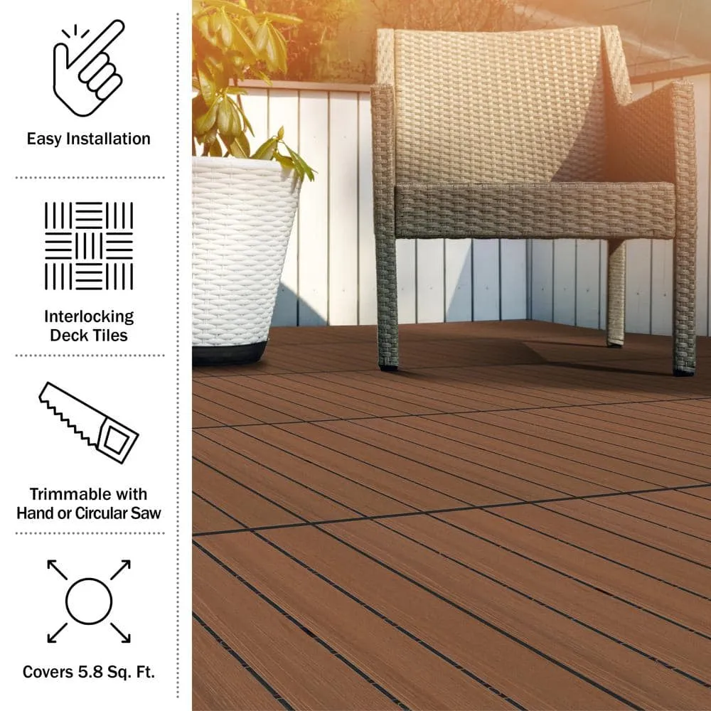 Pure Garden 1 ft. W x 1 ft. L 6 Patio Tiles Woodgrain Wood/Polypropylene Interlocking Deck Tile Flooring in Brown, photo 3 of 7