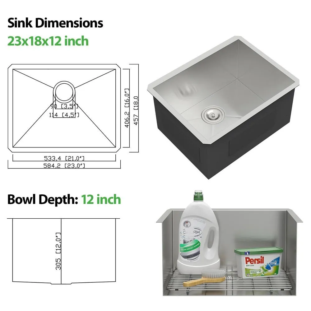 Logmey 23 in. x 18 in. x 12 in. Undermount Single Bowl Stainless Steel Utility Sink with Strainer, photo 2 of 9