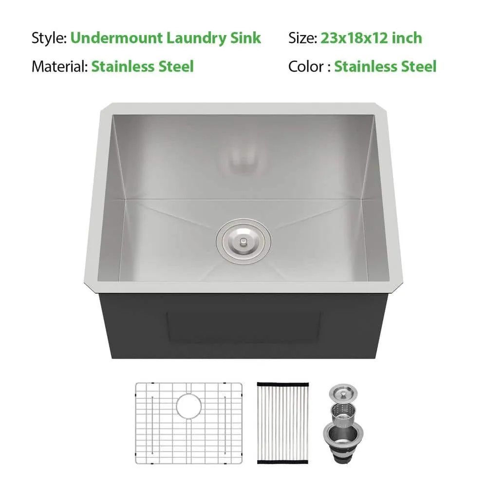 Logmey 23 in. x 18 in. x 12 in. Undermount Single Bowl Stainless Steel Utility Sink with Strainer, photo 8 of 9