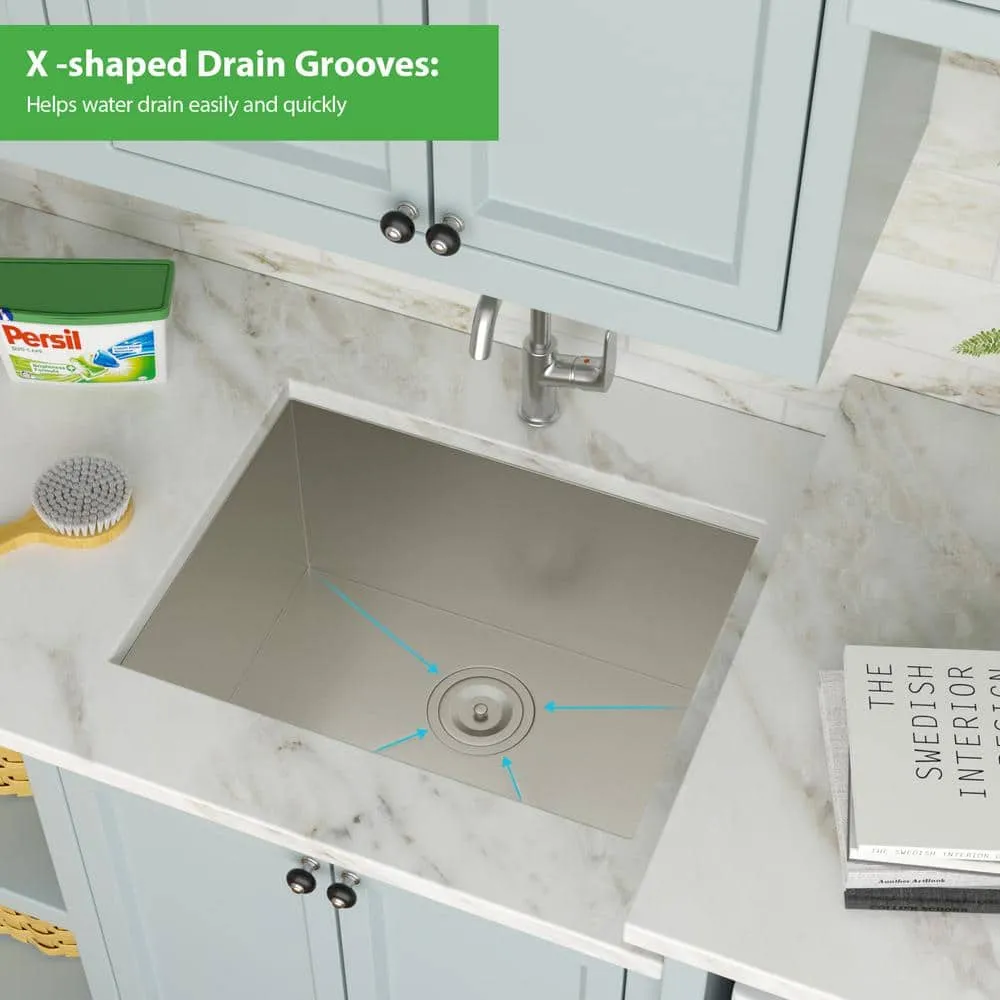 Logmey 23 in. x 18 in. x 12 in. Undermount Single Bowl Stainless Steel Utility Sink with Strainer, photo 7 of 9
