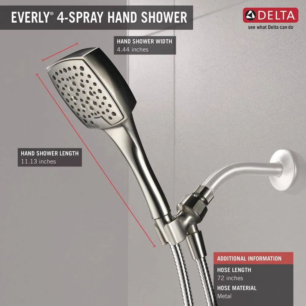 Delta Everly 4-Spray 4.4 in. Single Wall Mount Handheld Shower Head with 72 in. Metal Hose in Brushed Nickel, photo 3 of 8
