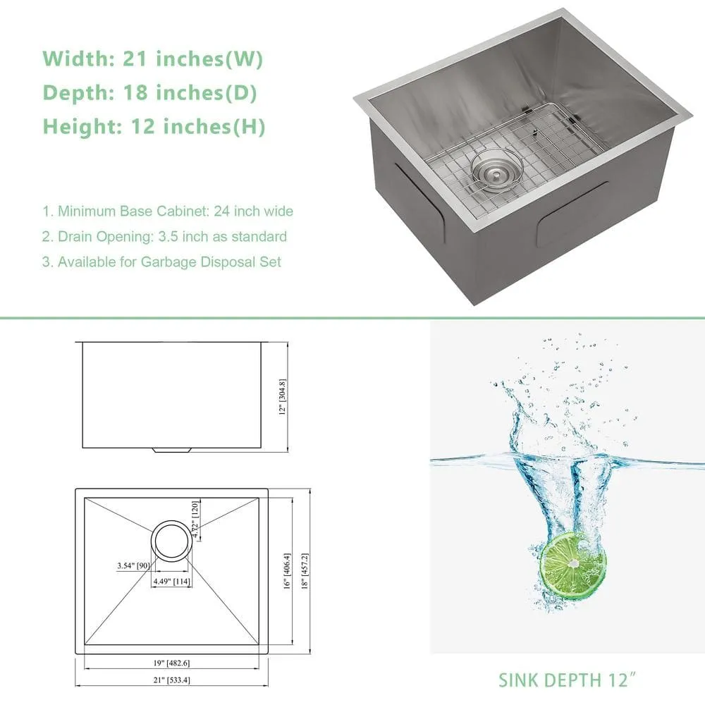 Sarlai 18 in. D x 21 in. W Undermount Laundry/Utility Sink Brushed Nickel Single Bowl Deep 16 Gauge Stainless Steel Bar Sink, photo 5 of 6
