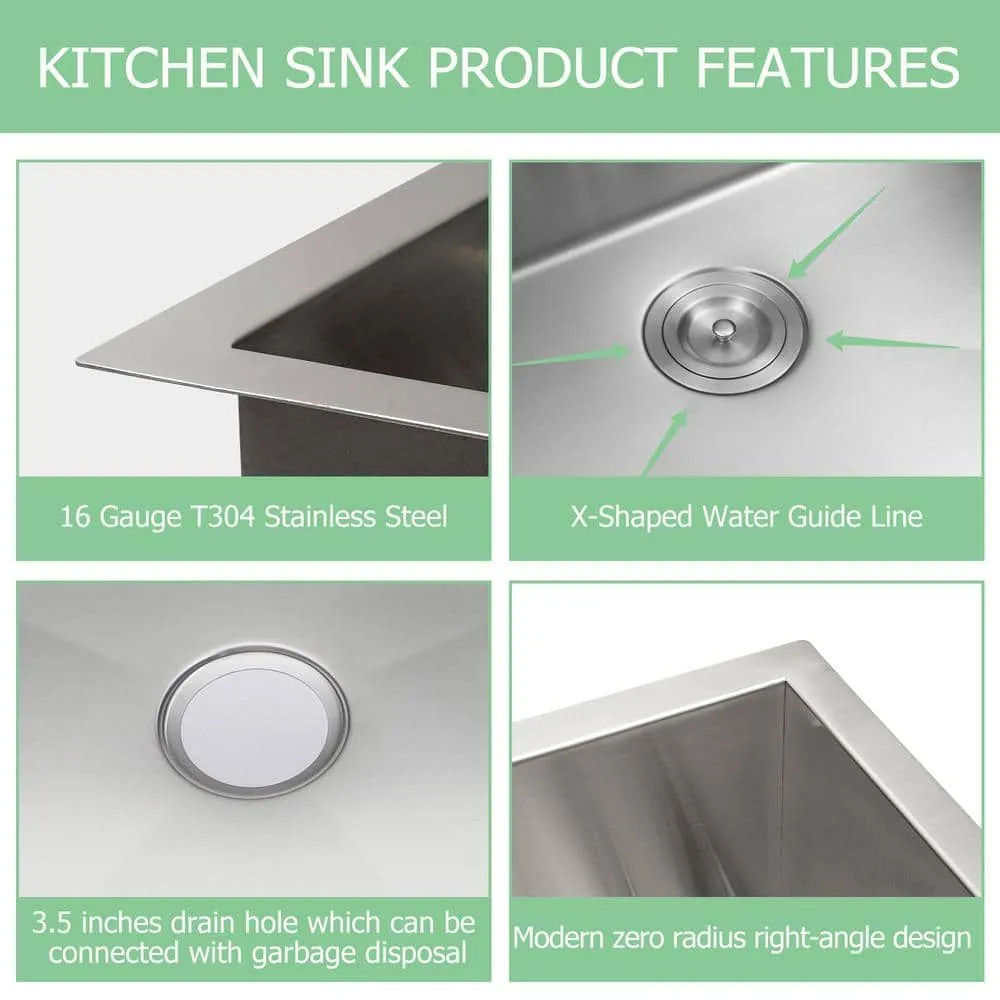 Sarlai 18 in. D x 21 in. W Undermount Laundry/Utility Sink Brushed Nickel Single Bowl Deep 16 Gauge Stainless Steel Bar Sink, photo 3 of 6