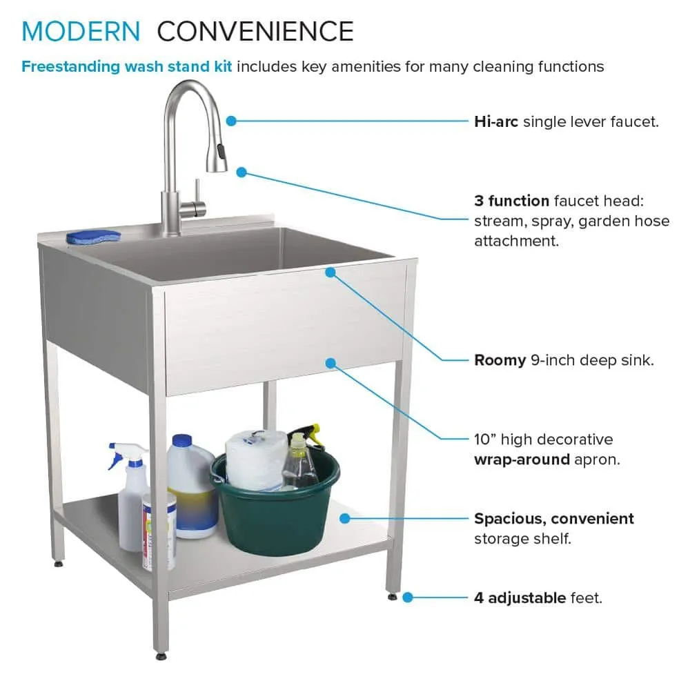Transolid 15 Gal. 22.1 in. D x 24 in. W Freestanding Laundry Sink with Cabinet in Brushed Satin with Faucet, photo 6 of 14