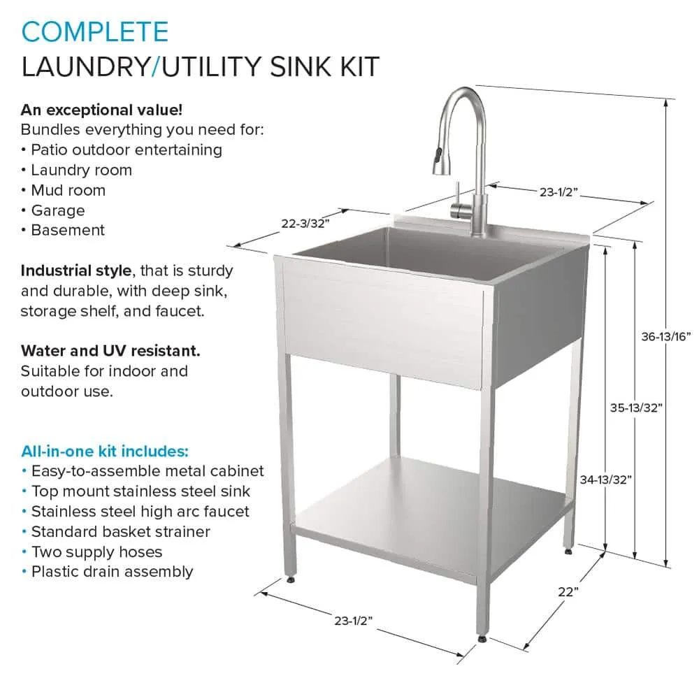 Transolid 15 Gal. 22.1 in. D x 24 in. W Freestanding Laundry Sink with Cabinet in Brushed Satin with Faucet, photo 4 of 14