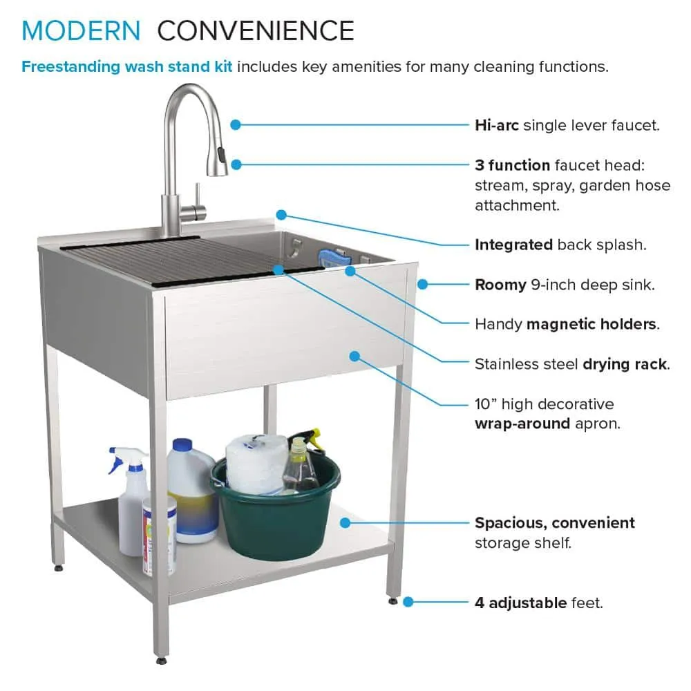 Transolid 15 Gal. 22.1 in. D x 24 in. W Freestanding Laundry Sink with Cabinet in Brushed Satin with Faucet and Accessories, photo 6 of 14
