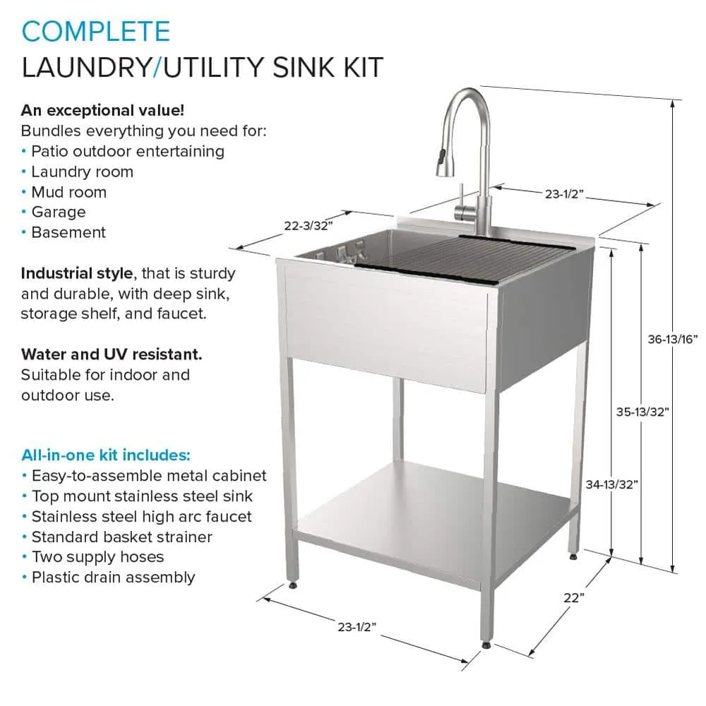 Transolid 15 Gal. 22.1 in. D x 24 in. W Freestanding Laundry Sink with Cabinet in Brushed Satin with Faucet and Accessories, photo 4 of 14