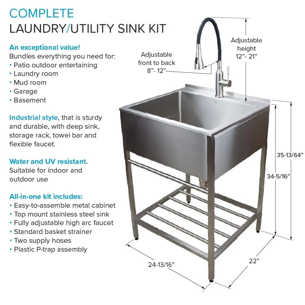 Transolid 25 in. x 22 in. Brushed Satin Stainless Steel Utility Sink with Wash Stand, photo 3 of 10