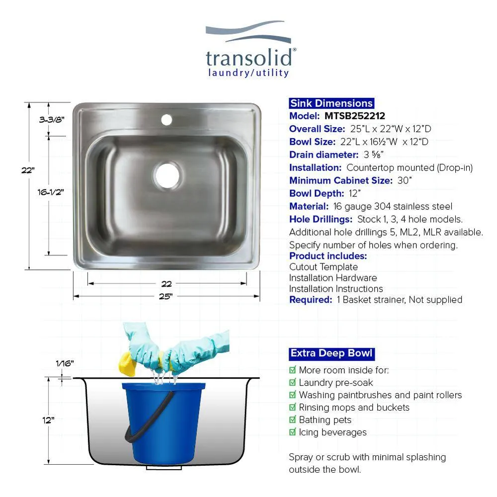 Transolid Meridian 25 in. x 22 in. x 12 in. Stainless Steel Drop-in Laundry/Utility Sink Kit with 4-Hole, photo 6 of 12