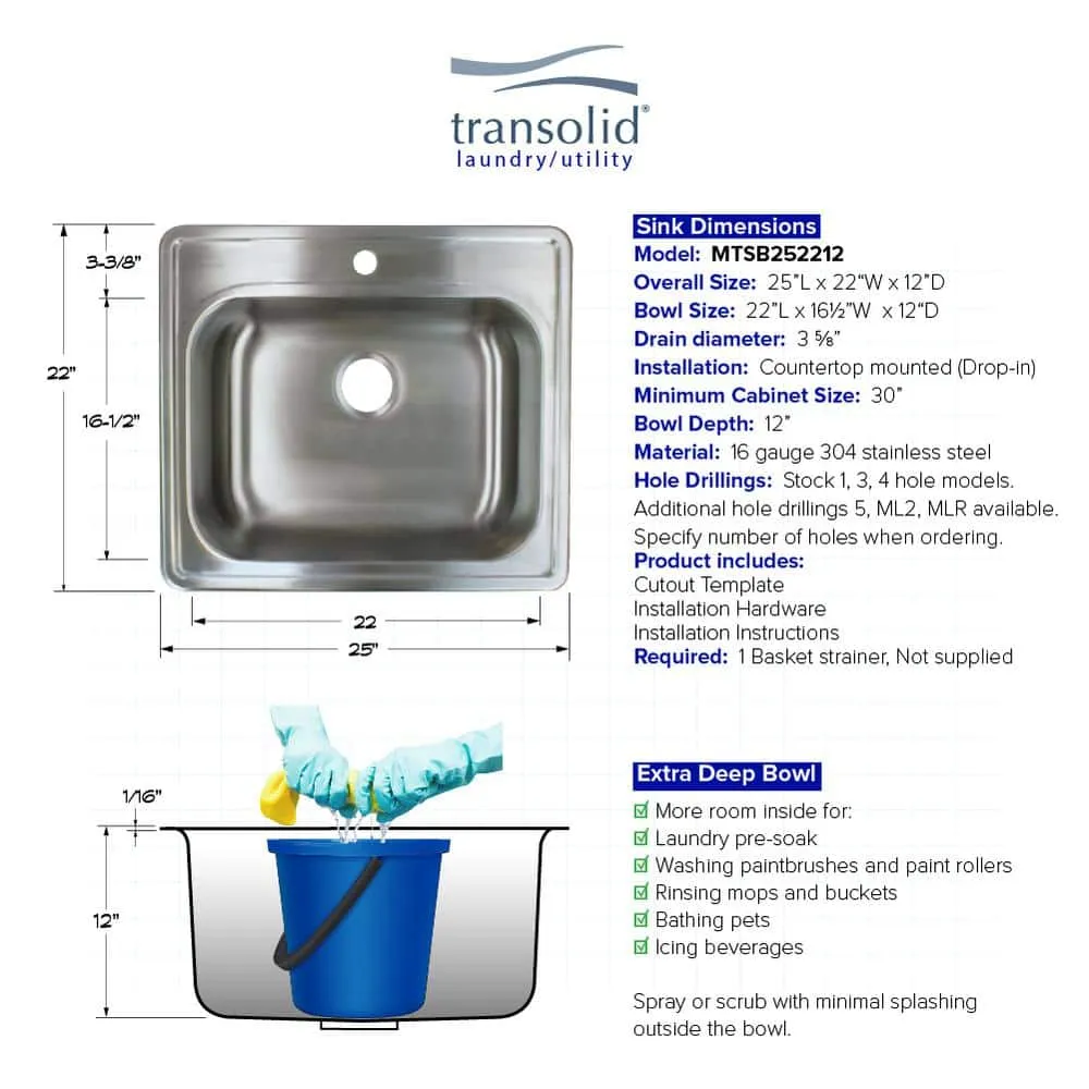 Transolid Meridian 25 x 22 x 12 Stainless Steel Drop-in Laundry/Utility Sink Kit, photo 6 of 10