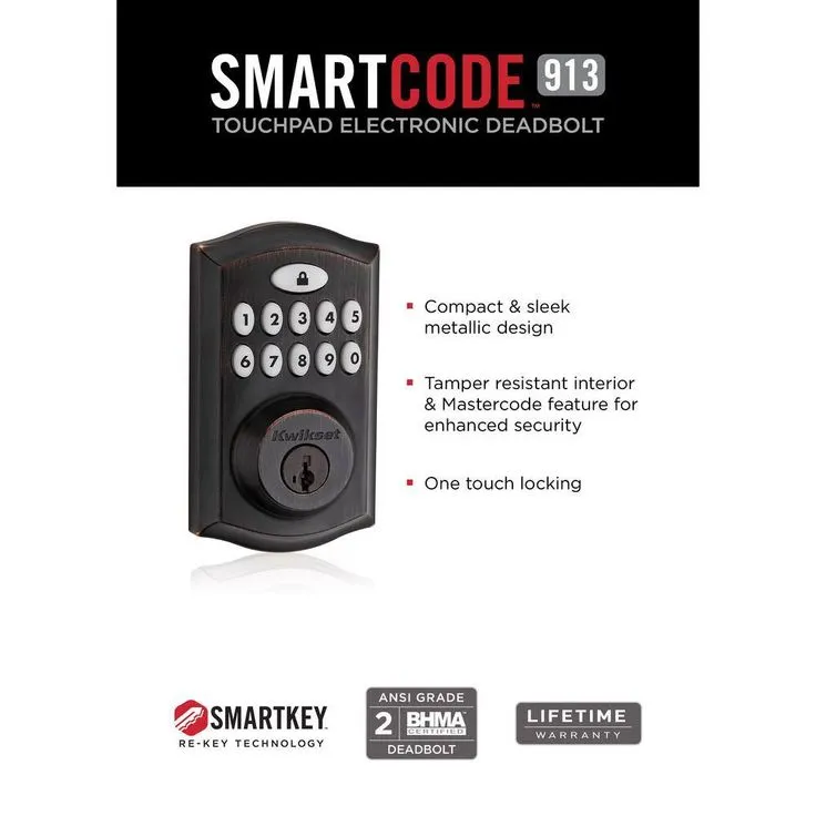 Kwikset SmartCode 913 Touchpad Venetian Bronze Single Cylinder Electronic Deadbolt with Avalon Handleset and Tustin Lever, photo 7 of 8