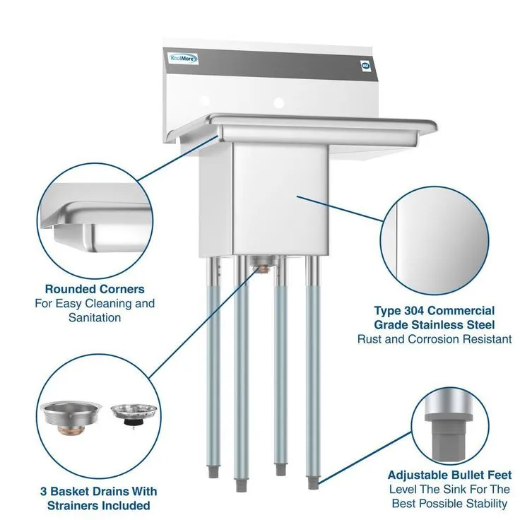 Freestanding Stainless Steel 23 in. 2-Hole 1-Compartment Commercial Kitchen Sink with Right Drainboard, photo 3 of 8