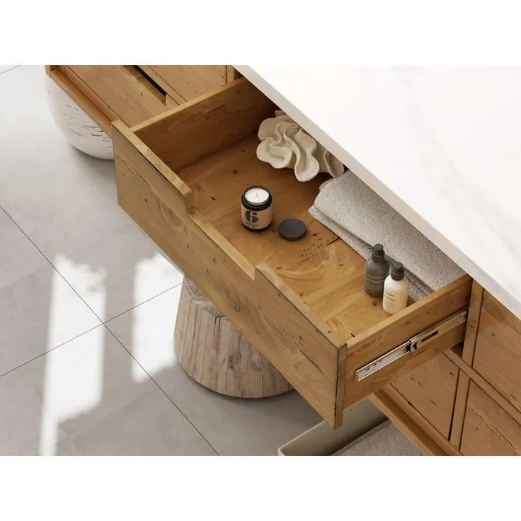 Vinespring 72 in. W x 22 in.D Double Wall Hung Bath Vanity in Wood Tone with Marble Vanity Top in White with White Sink, photo 4 of 4
