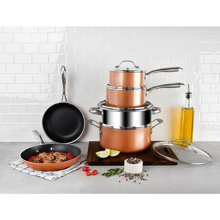 10-Piece Cast Textured Aluminum Ceramic Nonstick Cookware Set in Copper, photo 4 of 6
