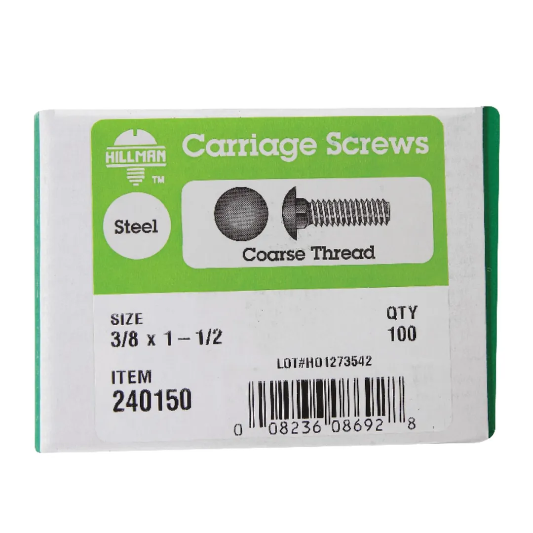 Hillman 3/8 in. x 1-1/2 in. Zinc-Plated Steel Carriage Bolt, Coarse Thread, 100-Pack, photo 2 of 2