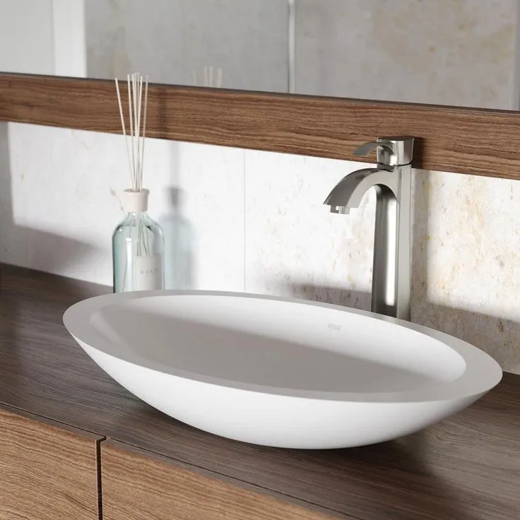 VIGO Wisteria Handmade Matte Stone Oval Vessel Bathroom Sink in Matte White, photo 5 of 8