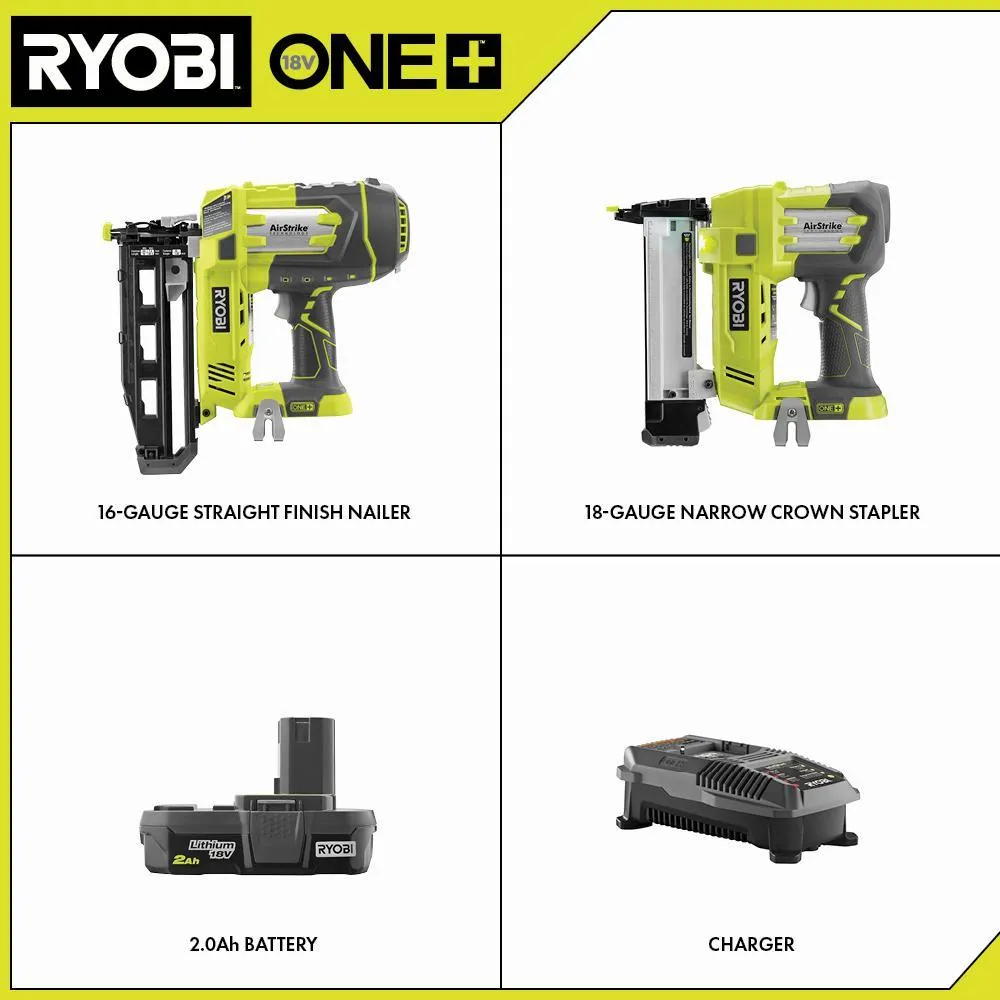 RYOBI 18-Volt ONE+ 16-Gauge Cordless AirStrike Straight Nailer, 18-Gauge Narrow Crown Stapler with 2.0 Ah Battery and Charger, photo 2 of 11