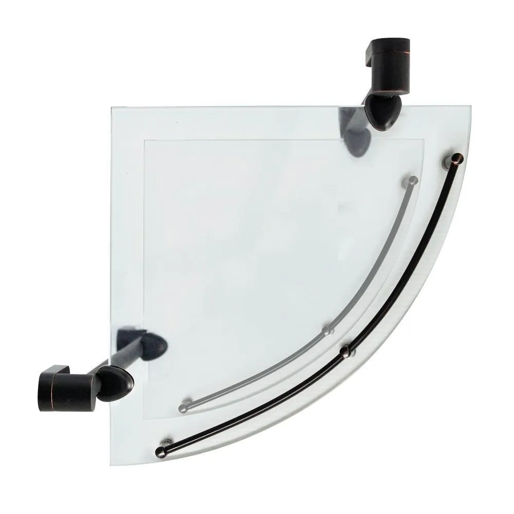 MODONA Oval 10.5 in. W Double Glass Corner Shelf with Pre-Installed Rails in Rubbed Bronze, photo 4 of 7