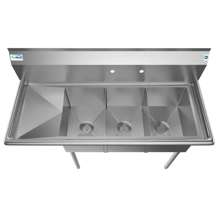Freestanding Stainless Steel 51 in. 2-Hole Triple Bowl Commercial Kitchen Sink Left Drainboard, photo 6 of 9