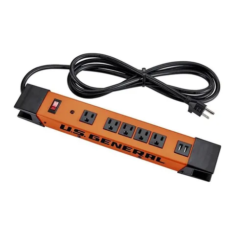 5-Outlet Magnetic Power Strip with Metal Housing and 2 USB Ports, Orange