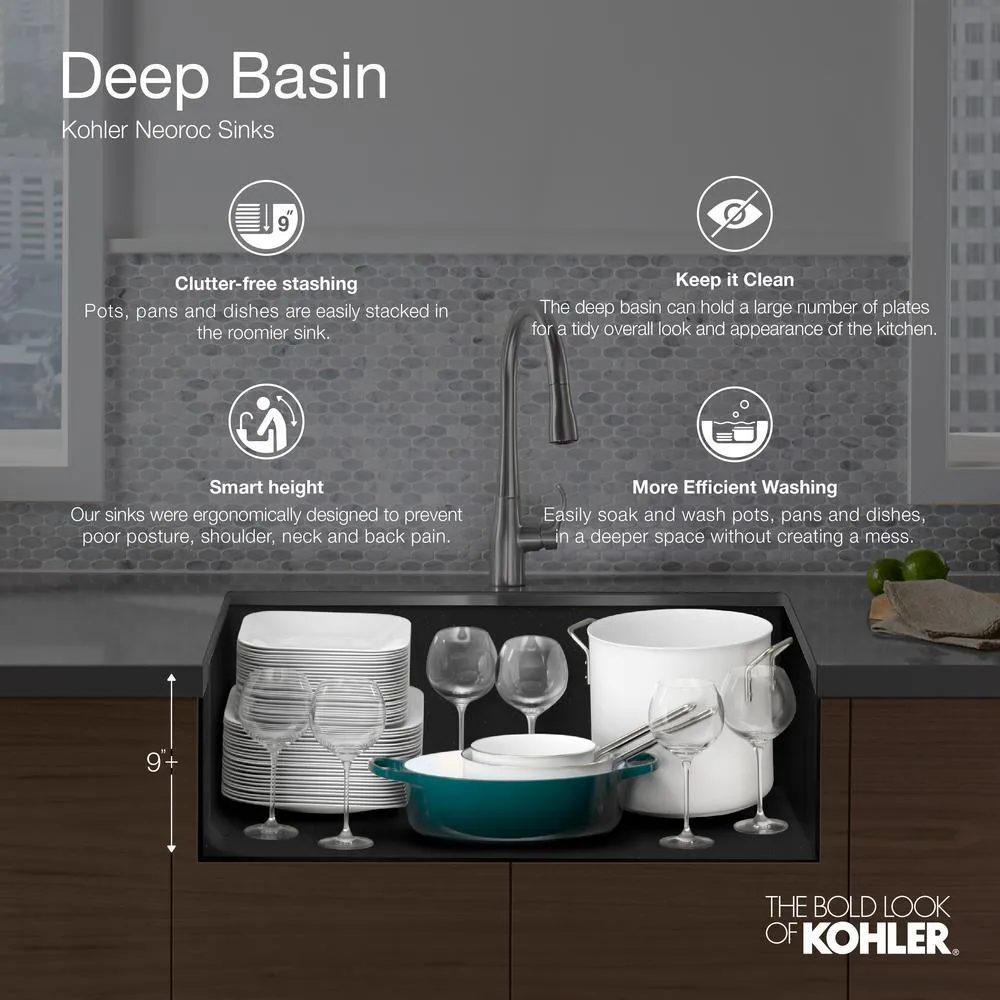 Kennon Dual Mount Neoroc Granite Composite 33 in. 1-Hole Double Bowl Kitchen Sink in Matte Black, photo 3 of 11
