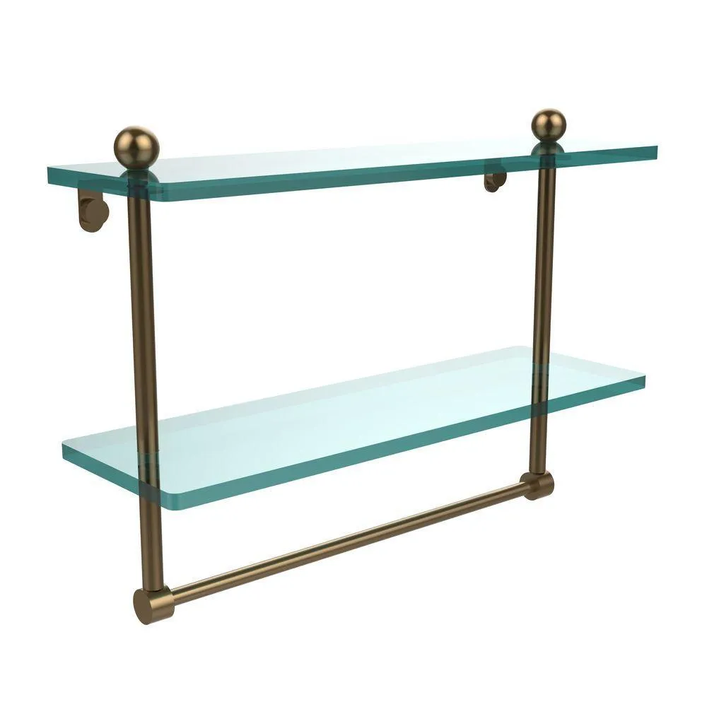 Allied Brass 16 in. L x 12 in. H x 5 in. W 2-Tier Clear Glass Bathroom Shelf with Towel Bar in Satin Nickel, photo 9 of 14