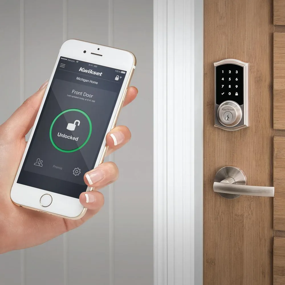 Kwikset Premis Touchscreen Smart Lock Satin Nickel Single Cylinder Electronic Deadbolt featuring Juno Passage Knob, photo 4 of 6