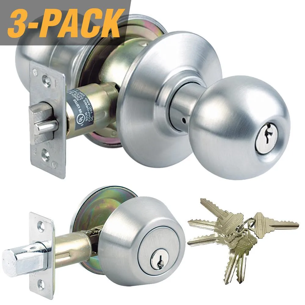 Stainless Steel Grade 3 Combo Lock Set with Entry Door Knob and Deadbolt, 18 SC1 Keys Total, (3-Pack, Keyed Alike), photo 4 of 5