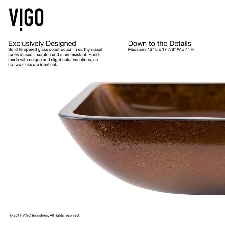 VIGO 18 Rectangular Russet Glass Vessel Bathroom Sink Set With Linus Vessel Faucet In Antique Rubbed Bronze, photo 4 of 11