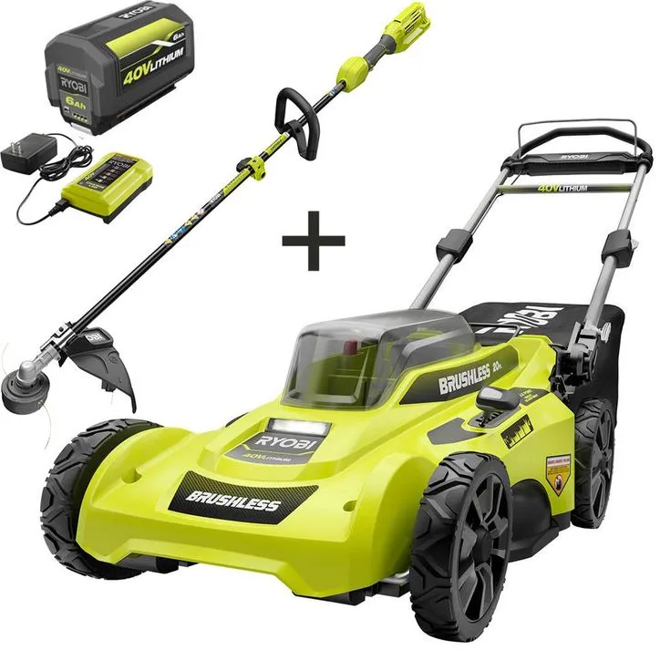 RYOBI 20 in. 40-Volt Lithium-Ion Brushless Cordless Battery Walk Behind Push Lawn Mower & Trimmer w/6.0 Ah Battery & Charger, photo 5 of 7
