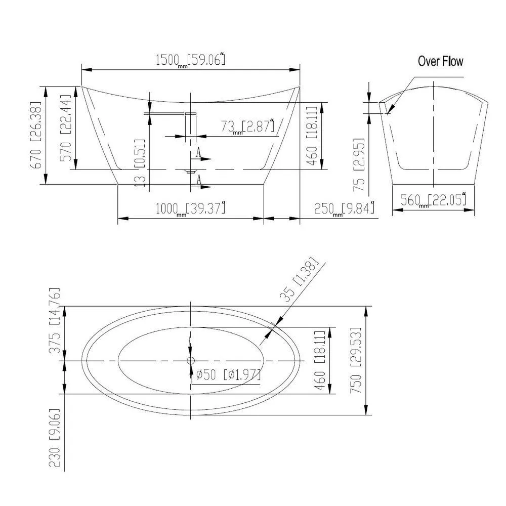 Empava 59 in. Free Standing Bathtub Streamline Stand Alone Flatbottom Acrylic Deep Soaking SPA Tubs for Adults in White, photo 6 of 8