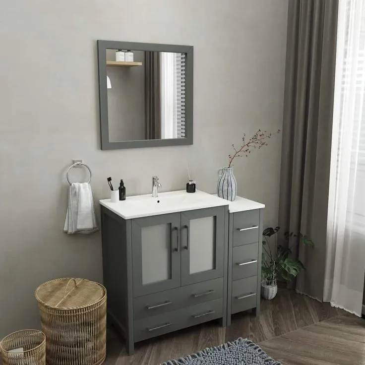 Vanity Art Brescia 42 in. W x 18 in. D x 36 in. H Bathroom Vanity in Grey with Single Basin Vanity Top in White Ceramic and Mirror, photo 2 of 9