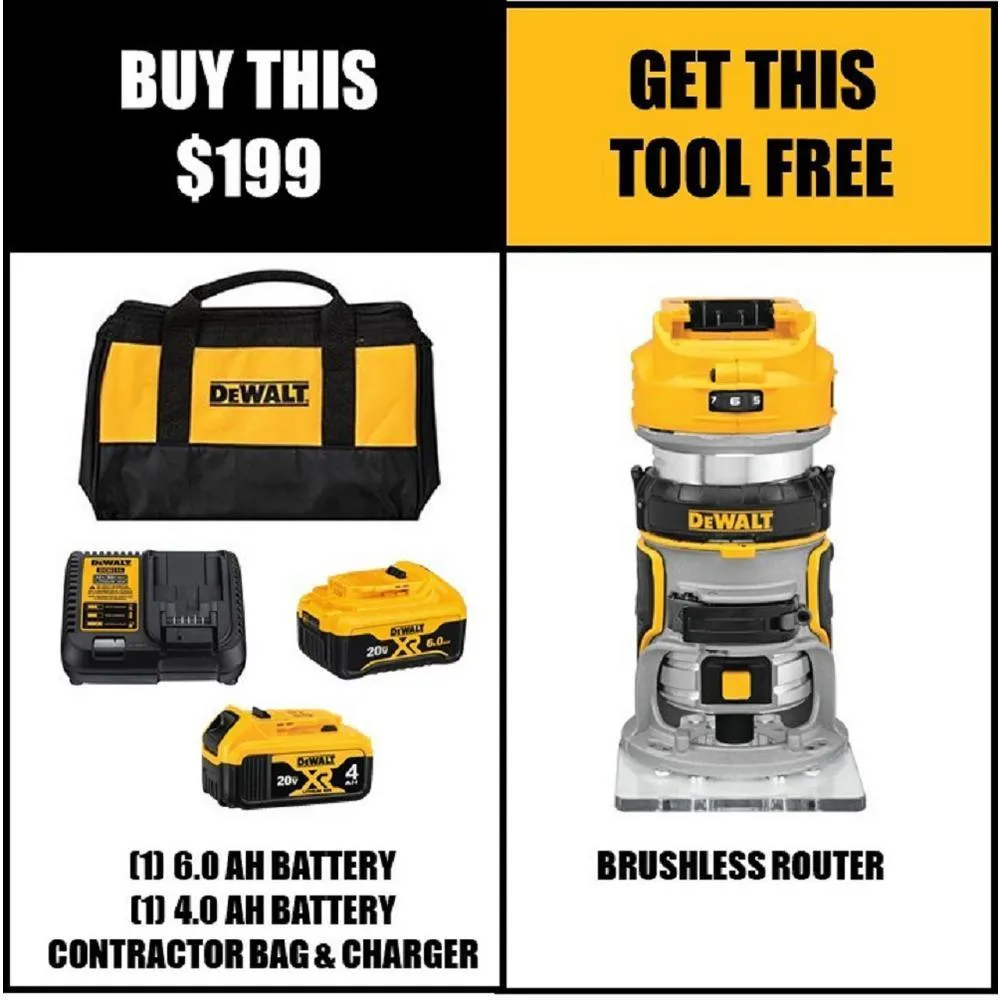 DEWALT 20-Volt MAX XR Starter Kit (1) 6.0Ah Battery & (1) 4.0Ah Battery with FREE 20-Volt Cordless Brushless Router, photo 2 of 2
