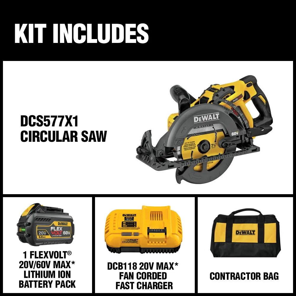 DEWALT FLEXVOLT 60-Volt MAX Lithium-Ion Cordless Brushless 7-1/4 in. Wormdrive Style Circ Saw w/ Battery 3Ah, Charger and Bag, photo 2 of 13