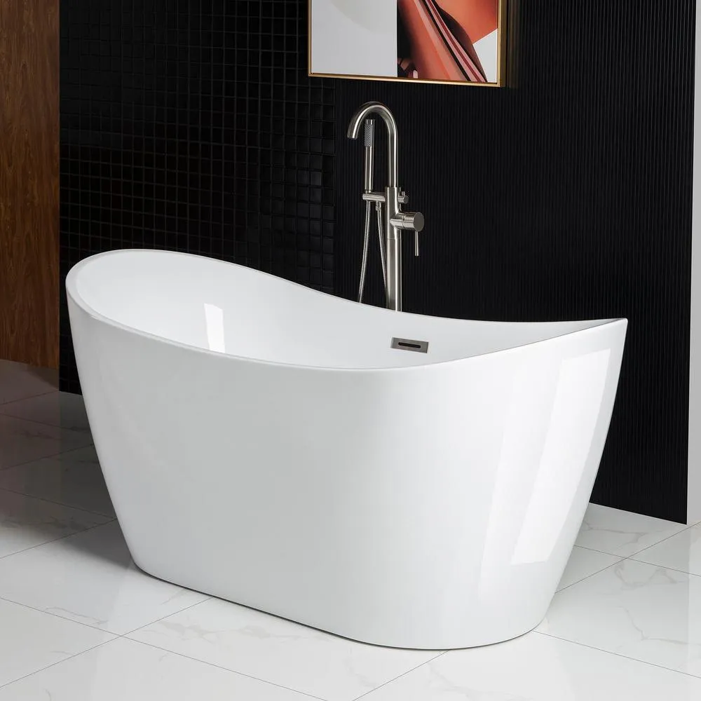WOODBRIDGE Ladlow 59 in. Acrylic Freestanding Double Slipper Flat Bottom Soaking Bathtub with Drain and Overflow Included in White, photo 5 of 17