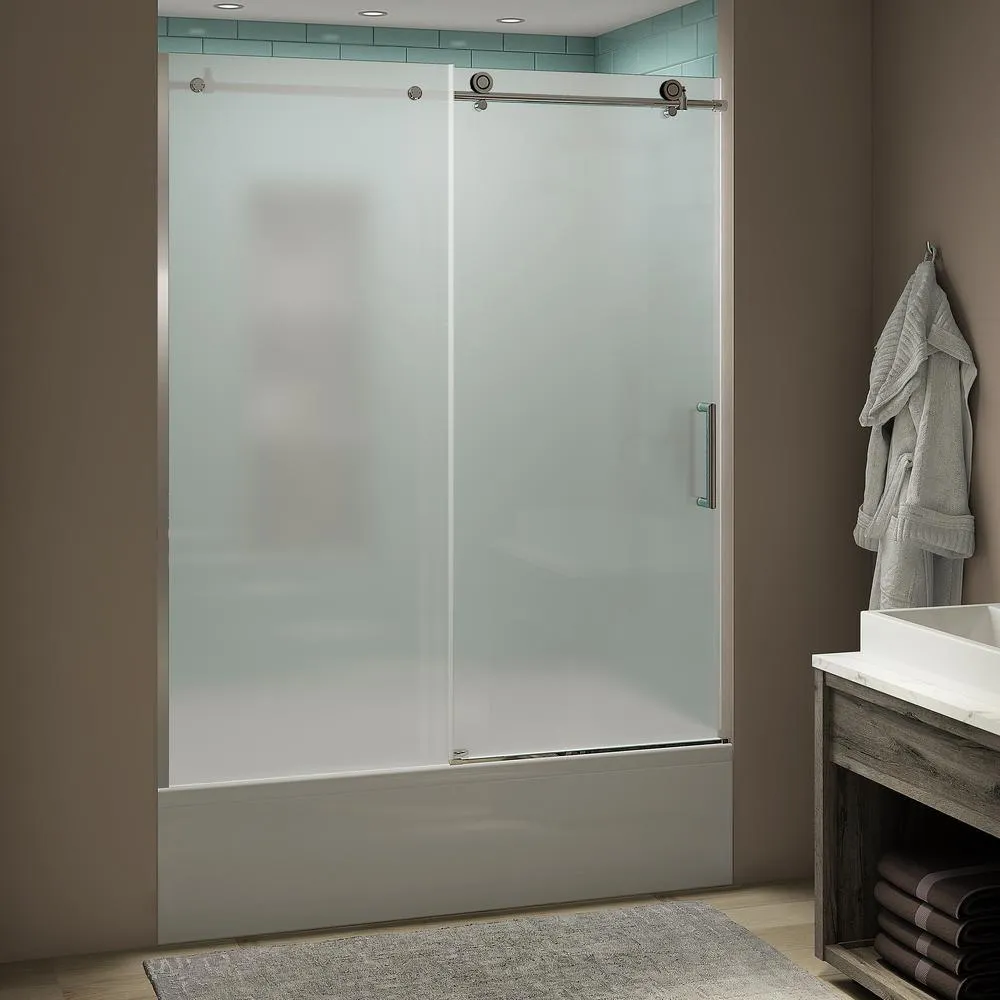 Coraline XL 56 - 60 in. x 70 in. Frameless Sliding Tub Door with StarCast Clear Glass in Stainless Steel, Left Opening, photo 9 of 22