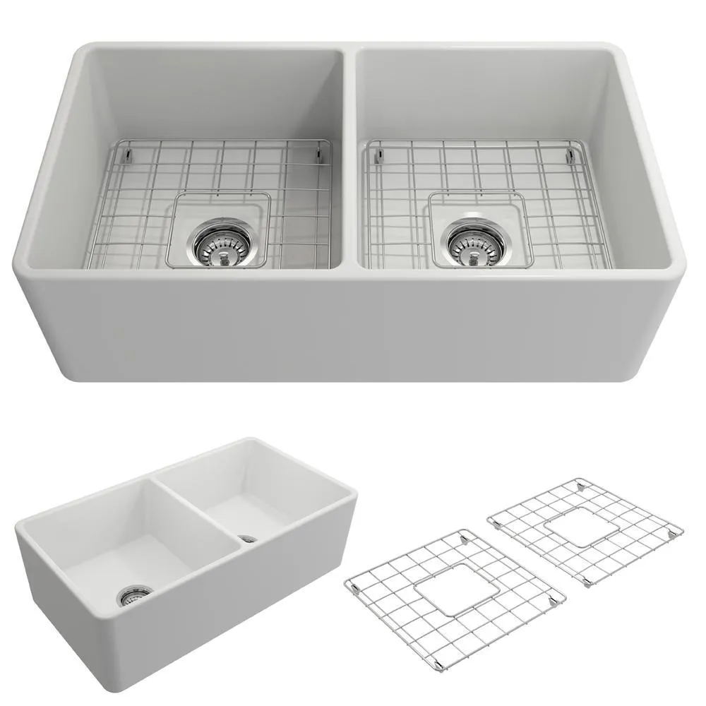 Classico Farmhouse Apron Front Fireclay 33 in. Double Bowl Kitchen Sink with Bottom Grid and Strainer in White, photo 10 of 15