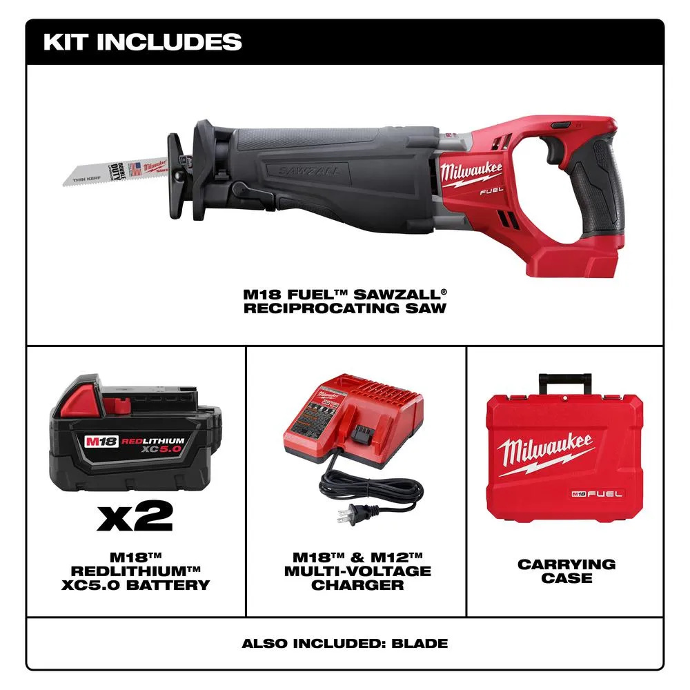 M18 FUEL 18-Volt Lithium-Ion Brushless Cordless SAWZALL Reciprocating Saw Kit W/(2) 5.0Ah Batteries, Charger & Hard Case, photo 2 of 17