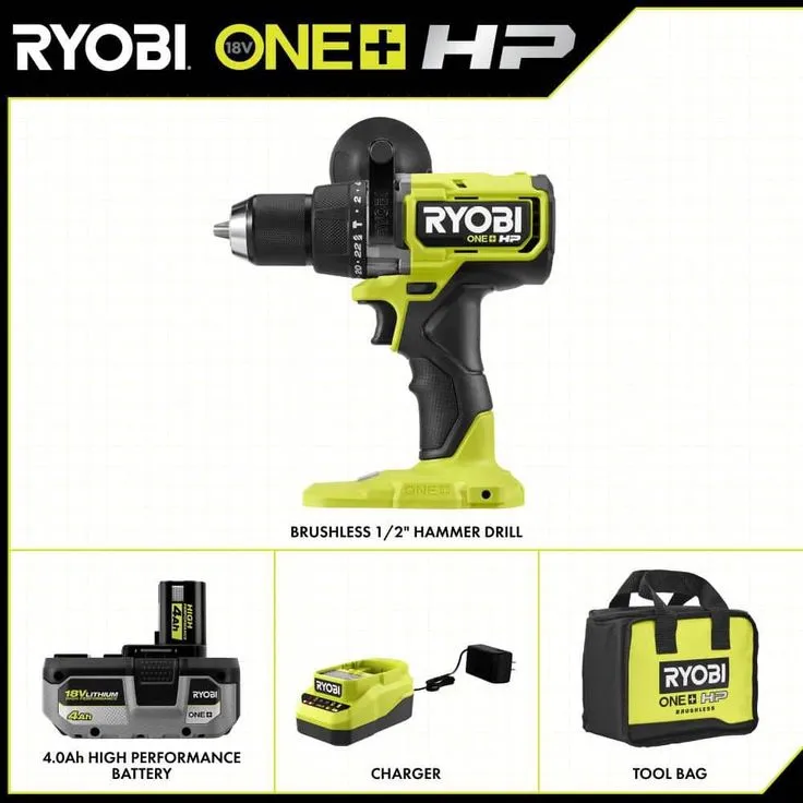 RYOBI 18-Volt ONE+ Lithium-Ion Cordless Brushless 1/2 in. Hammer Drill/Driver Kit with 4.0Ah LITHIUM+ Battery, Charger and Bag, photo 5 of 8
