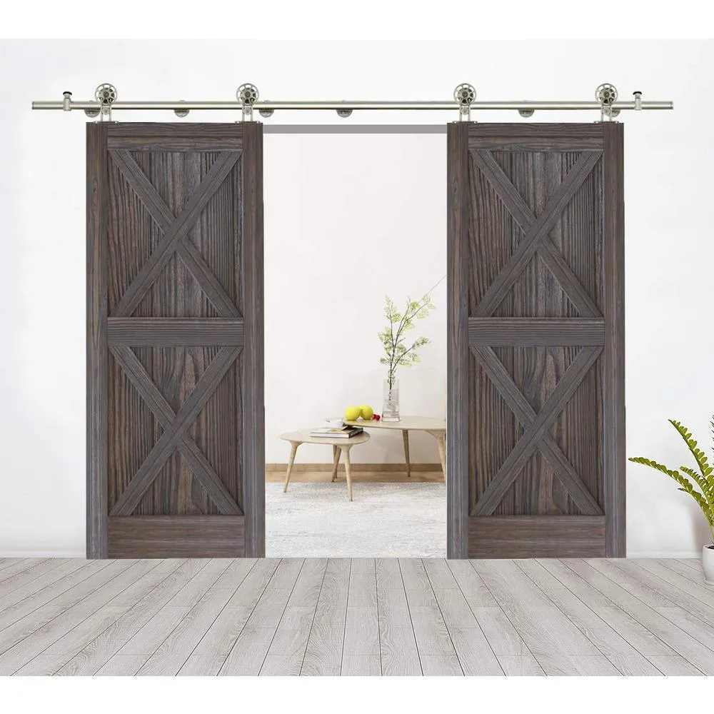 WINSOON 8 ft./96 in. Stainless Steel Sliding Spoke Wheel Barn Door Hardware Kit for Double Door with Non-Routed Floor Guide, photo 5 of 7