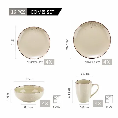 Series Navia Nature Dinner Set 16-Pieces Vintage Beige Prcelain with Dinner/Dessert Plate/Cereal Bowl /Mug Service for 4