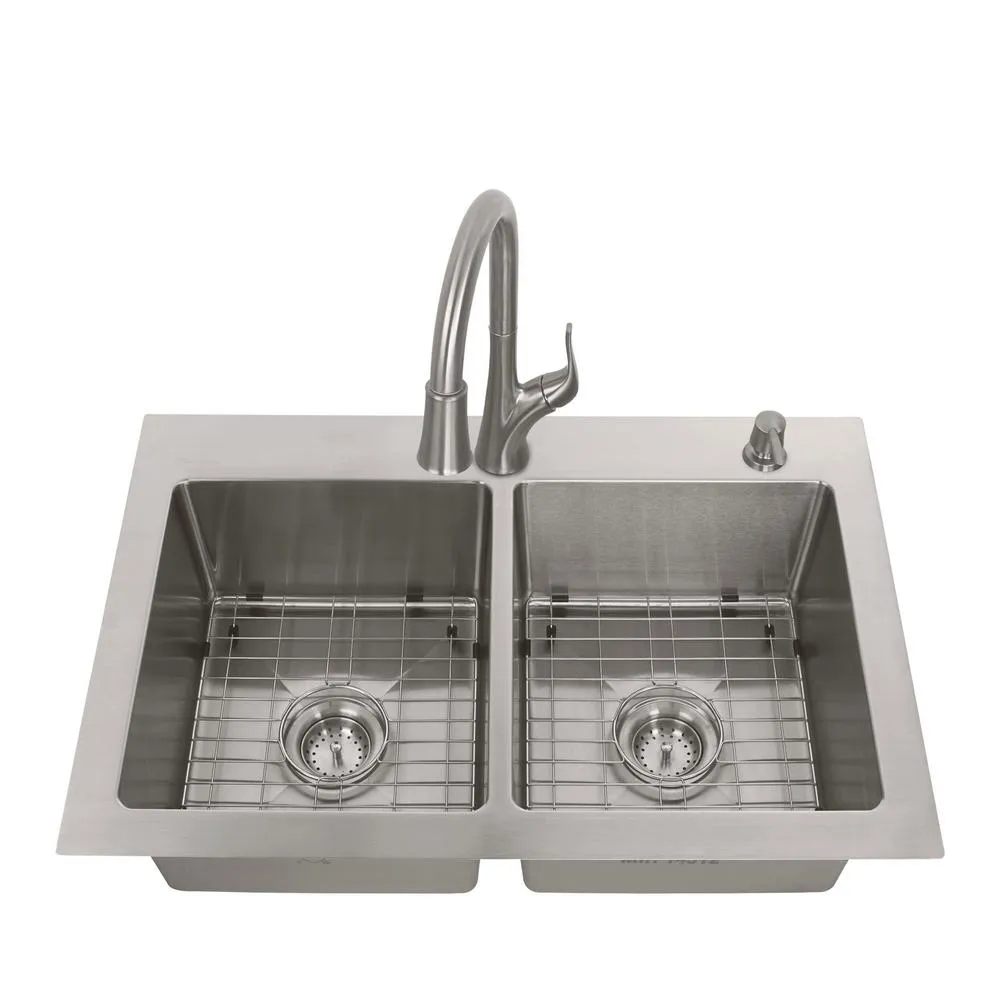 All-in-One Tight Radius Stainless Steel 33 in. 18-Gauge 2-Hole Double Bowl Dual Mount Kitchen Sink with Pull Down Faucet, photo 2 of 7