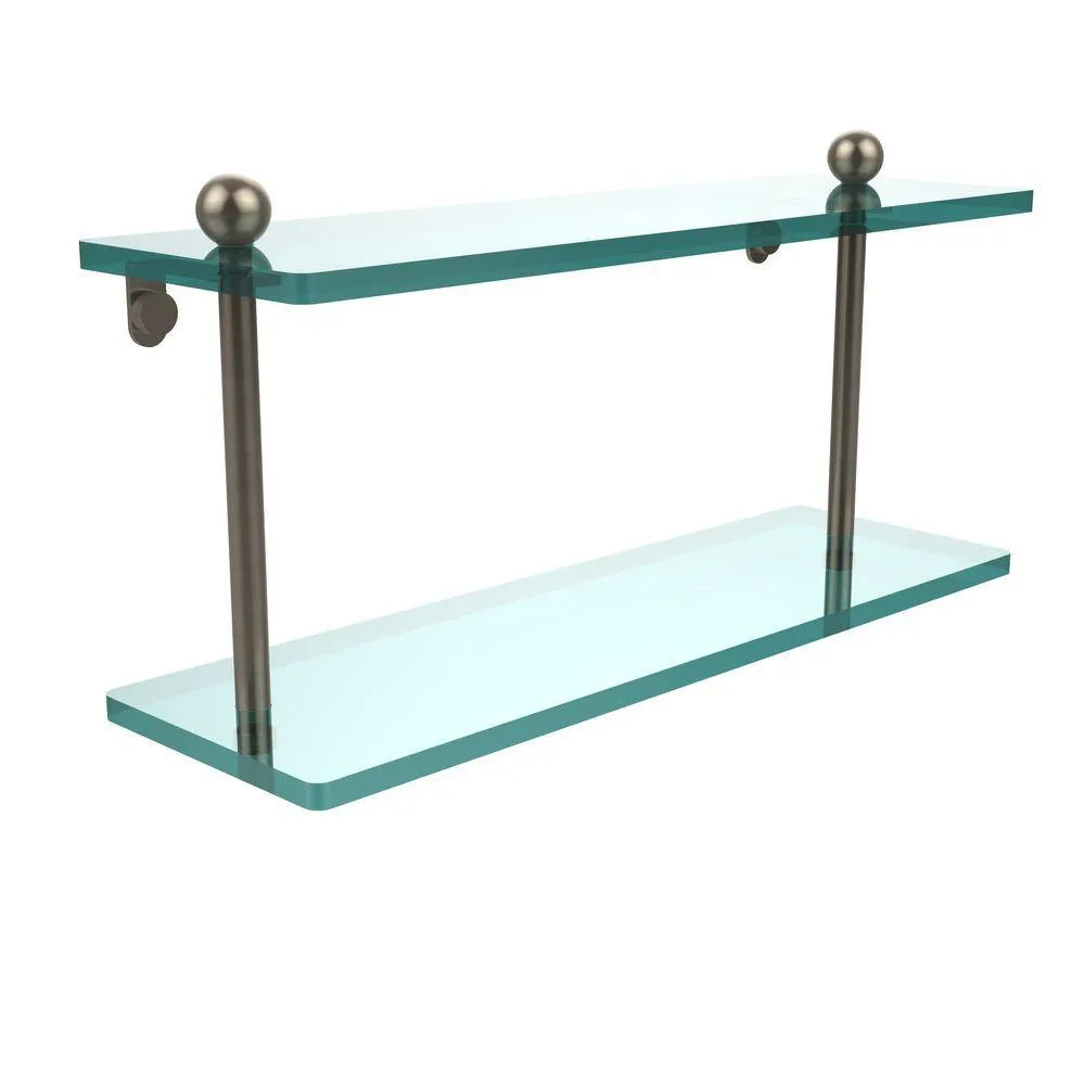 Allied Brass 16 in. L x 8 in. H x 5 in. W 2-Tier Clear Glass Bathroom Shelf in Satin Nickel, photo 8 of 14