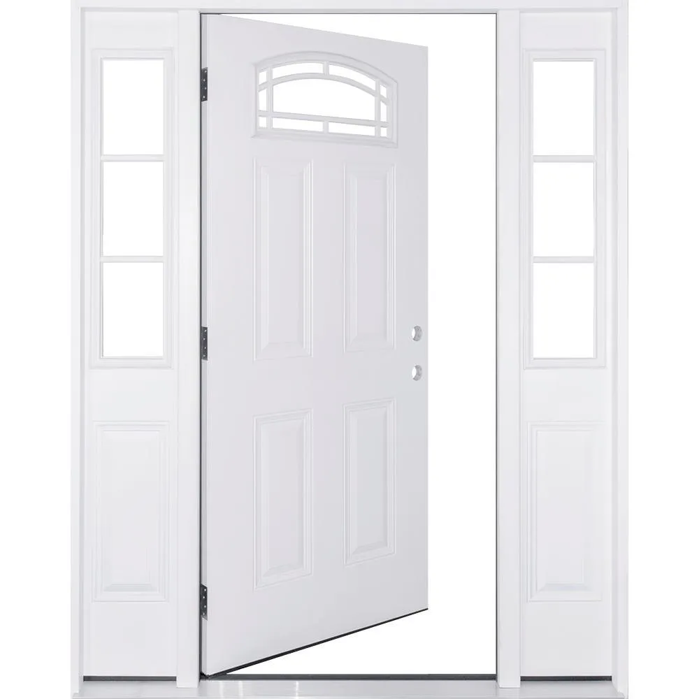 Steves & Sons 68 in. x 80 in. Camber Top White Left-Hand 14 in. 3-Lite Sidelites Primed Steel Prehung Front Door with 4-9/16 in. Frame, photo 3 of 9