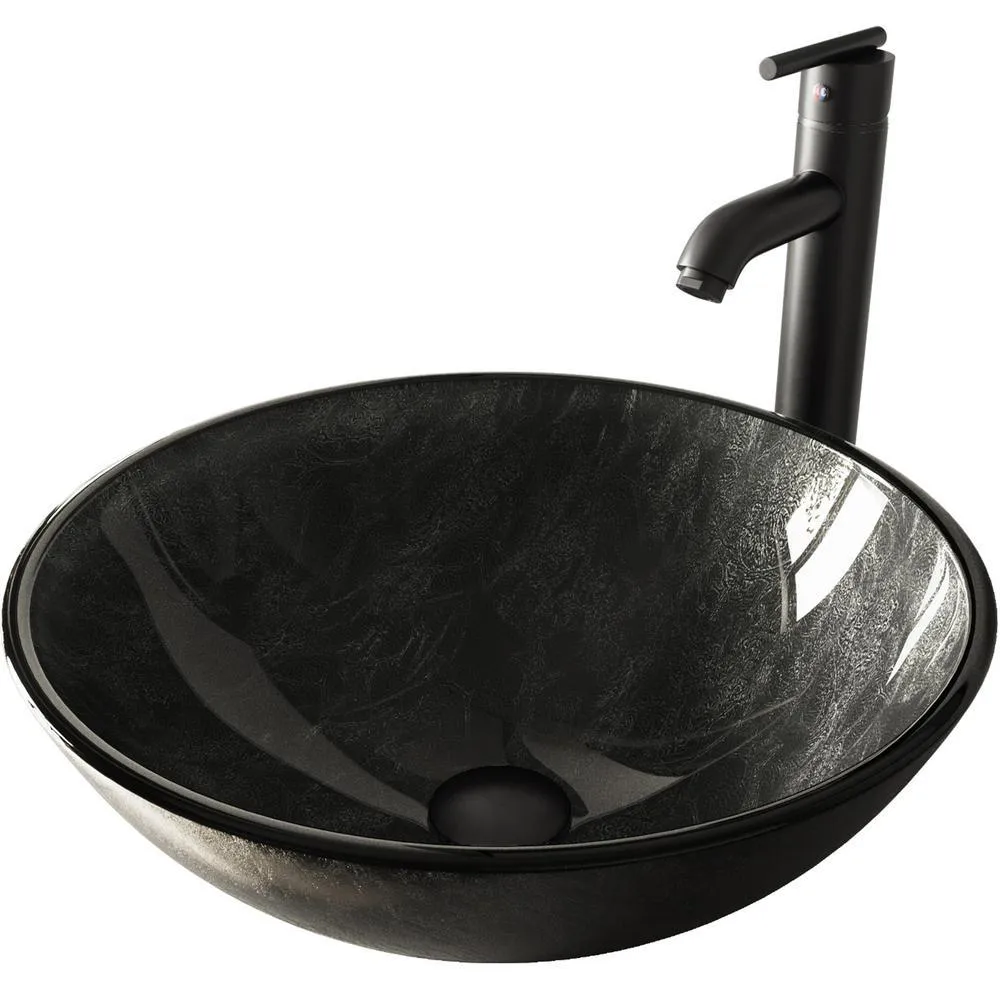 Glass Vessel Bathroom Sink in Gray Onyx and Seville Faucet Set in Matte Black, photo 3 of 27