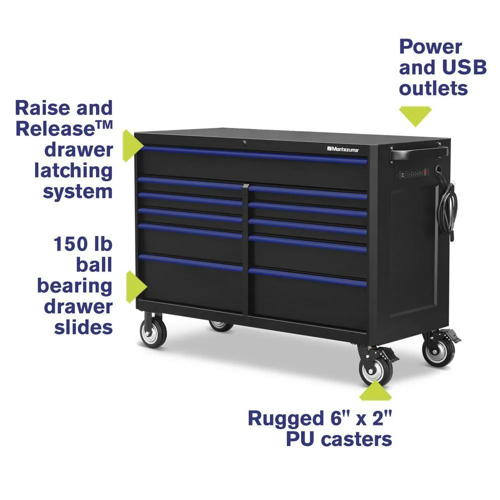 Montezuma 56 in. x 24 in. 11-Drawer Roller Cabinet Tool Chest with Power and USB Outlets in Black and Blue, photo 2 of 12