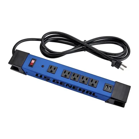 5-Outlet Magnetic Power Strip with Metal Housing and 2 USB Ports, Blue